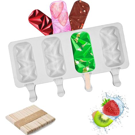 Moule à glace en silicone réutilisable, moule à esquimau 4 cavités pour fabrication maison de crèmes glacées, avec 10 bâtonnets en bois, idéal pour desserts glacés DIY (1/5)