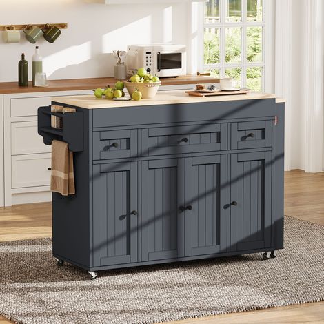 Isola da cucina mobile 137-190.6x45.2x92 cm, piano di lavoro estensibile, 3 cassetti, vano laterale, MDF grigio (1/5)