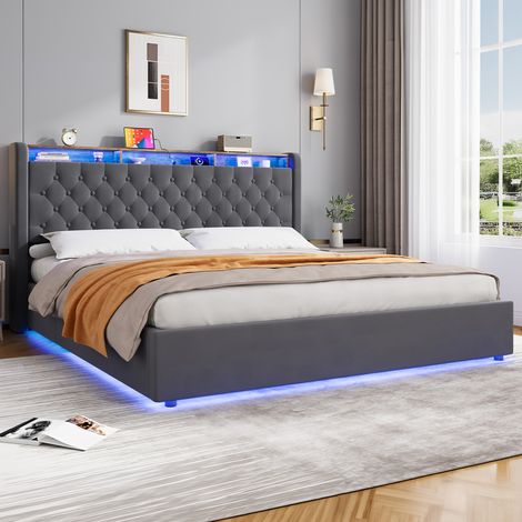 Lit coffre 180x200 avec rangement, tête de lit avec étagère et velours gris foncé OKMYHOME (1/5)