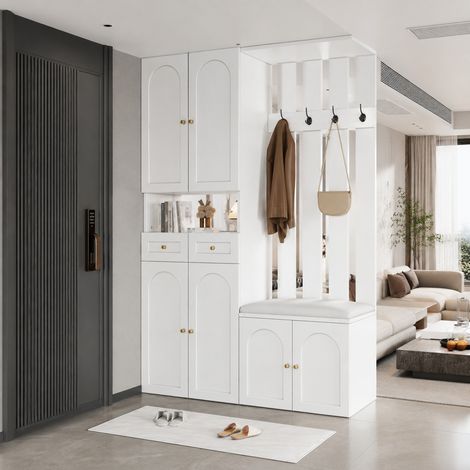 Mueble de entrada 110x37x180 cm de aglomerado blanco con almacenaje FloraGrace (1/5)