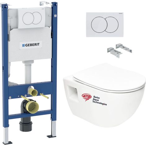 Pack WC bati-support Geberit + WC sans bride Swiss Aqua Technologies + abattant SoftClose + plaque Blanche (ProjectGeb3) (1/5)