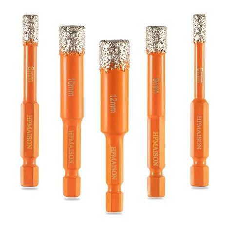 Lot de 5 forets diamantés pour carrelage et verre - Tige hexagonale 1/4" (5, 6, 8, 10, 12 mm) - Pour céramique, granit, verre, porcelaine, carrelage, carrelage dur, grès cérame (1/5)