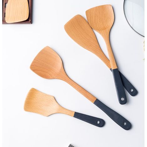 Cooking Utensil Set - Wooden Handle Non-Stick Compatible Spatula Spoon Rice Paddle Soup Ladle - Kitchen Tool Set for Home Cooking - 4 Pieces (1/5)