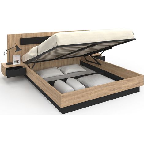Idmarket – Lit coffre double 160 x 200 cm – Tête de lit et chevets intégrés – Coffre de rangement pratique – Structure en bois noir (1/5)
