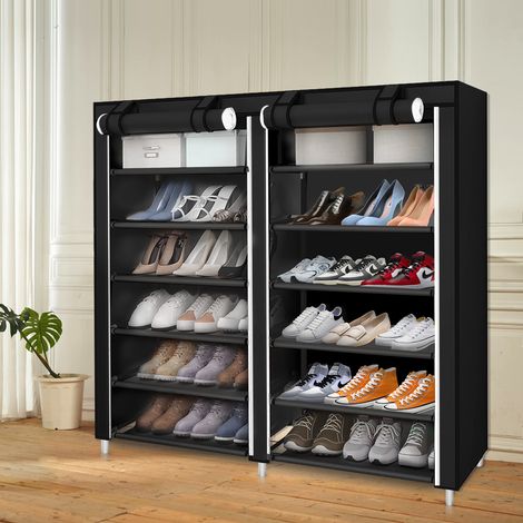 Armoire étagères à chaussures 12030110cm 2 colonnes 6 couches en tissu- anti-poussière Noir (1/5)