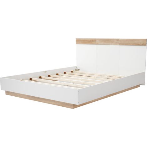 Lit deux places en bois, design à effet suspendu avec tête de lit, inclut cadre de lit et sommier à lattes — 205 x 164 x 90,5 cm (P/l/H), finition chêne Sonoma/blanc (matelas non inclus). (1/5)