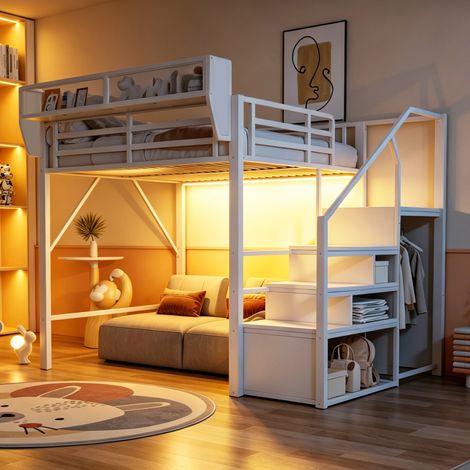Lit mezzanine 2 places 140x200cm avec éclairage LED Lit enfant -échelle de sécurité et étagère amovible,structure métal et MDF,blanc (1/5)