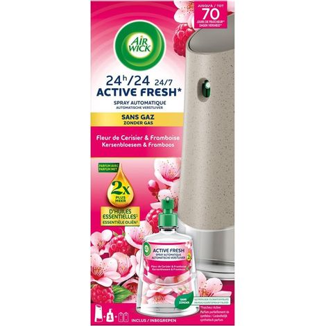 AIRWICK DESODORISANT MAISON SPRAY AUTOMATIQUE SANS GAZ ACTIVE FRESH - 1 DIFFUSEUR + 1 RECHARGE FLEUR DE CERISIER ET FRAMBOISE