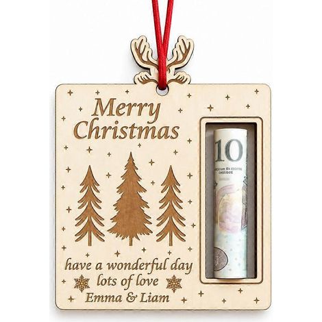 Lot de 3 porte-billets de Noël en bois, étiquettes cadeaux gravées au laser, pendentifs festifs pour décorer le sapin. (1/5)