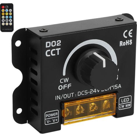 Variateur LED 2 canaux avec encodeur 360°, bouton de réglage de la température de couleur et télécommande pour ruban LED, 5-24 V CC (1/5)