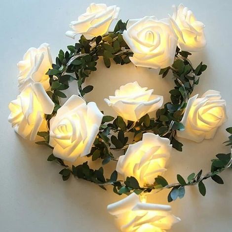 MINKUROW Stringa Di Luci A Foglia Verde Rosa, 3 M 20 Led Lucine Bianche Calde Con Fiori In Rattan, Luci Decorative Alimentate A Batteria Per Feste Di Compleanno, Feste Di Matrimonio (Bianco Con Foglie (1/5)