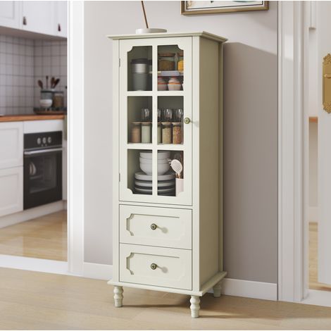 MODFU – Aparador vitrina vertical 50x40x133 cm de MDF y vidrio de seguridad con puertas de vidrio, 2 cajones, cornisa vintage, patas de madera maciza y carga 20 kg – Blanco crema (1/5)