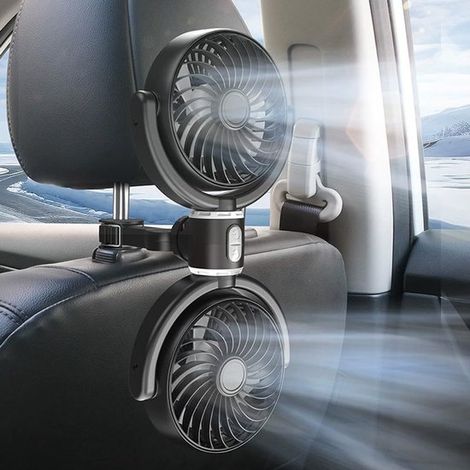 Ventilador para coche，ventilador de refrigeración para coche de 12 V，ventilador USB giratorio de 360° con doble cabezal，ajustable en 3 etapas