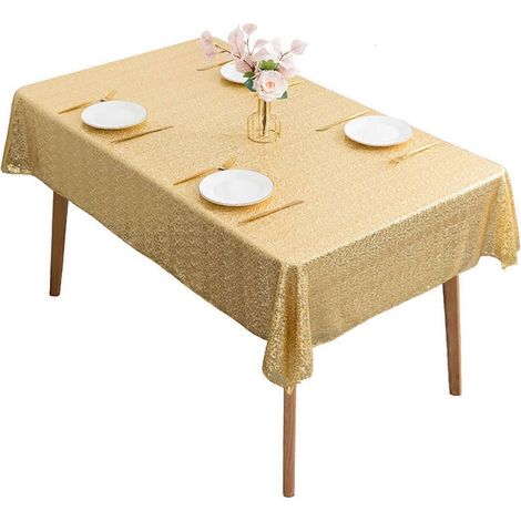 Nappe de salle à manger brodée en polyester, facile d'entretien, convient aux tables rondes et rectangulaires, couleur or. (1/5)