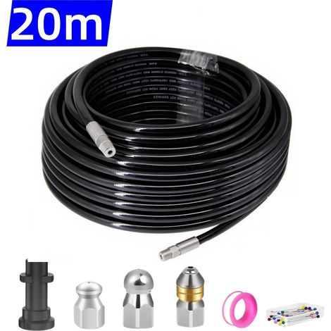 Tuyau de débouchage (20 m) pour nettoyeur haute pression, filetage NPT 1/4", buse rotative à angle et à bouton pour Karcher. (1/5)