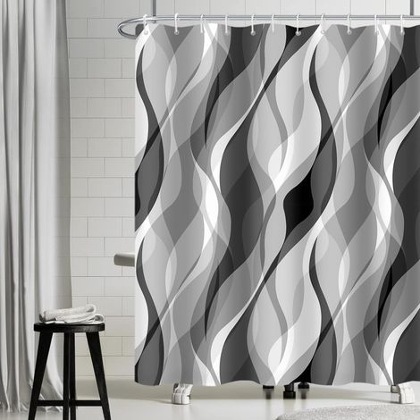 180x180cm Rideau Douche Anti Moisissure avec Crochets, Rideau de Douche Gris Clair Abstrait Rayure Noir Rayé Rideaux de Baignoire Tissu （Sans tige）