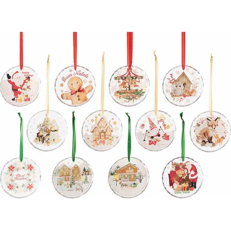Decorazioni da appendere all'albero di Natale in vetro trasparente con stampe colorate a tema, set da 12 pezzi, Ø 8 cm