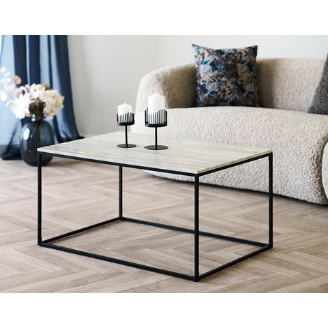 Maya - table basse plateau effet travertin en fsc 100% - pieds en métal - 90 cm - beige / noir (1/5)
