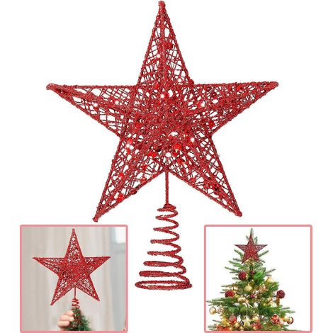 (20cm) Etoile De Sapin De Nol 5 Paillettes Rouges Dcoration De Sapin De Nol Etoile De Fer Pentagramme Cubique Paillettes 5 Toiles Fournitures De D (1/4)