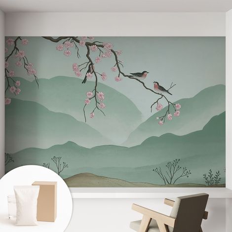 Papier peint intissé avec imprimé pour intérieur moderne application facile a motif - Colle incluse gratuite Sérénade japonaise 152x104 cm (1/5)