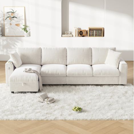 Canapé d’angle 280/137/84 cm en chenille beige avec couchage, table rabattable et rangement (1/5)