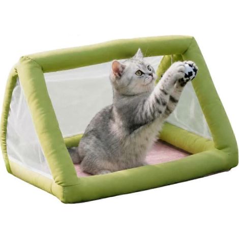 Lit-tente pour chat en forme de but de football niche de jeu en filet anti-moustiques avec tapis rafraîchissant et balle interactive suspendue pour chatons et petits animaux (vert) (1/5)