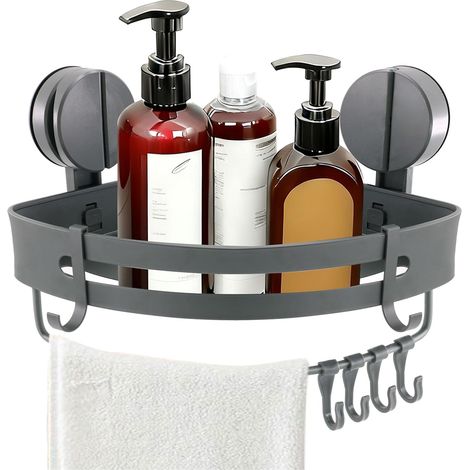 1 Estante de ducha, aluminio aeroespacial, ventosa sin taladrar, drenaje rápido, ganchos integrados, baño y cocina (1/5)