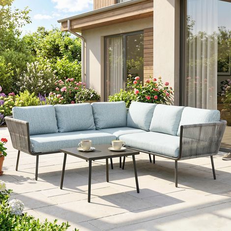 Conjunto de Muebles de Ratán de Exterior Sofá de Esquina con Cojines y Mesa de Centro para Terraza Patio Azul Claro (1/5)