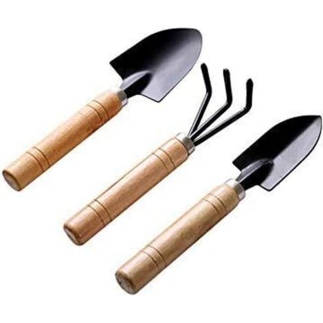 Ensemble de trois mini-outils de jardinage noirs : pelle, râteau, pelle, pot de fleurs pour plantes succulentes, outils de jardinage, griffe avec manche en bois.