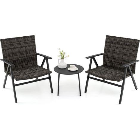 Set da bistrot da giardino a 3 pezzi, poltrone relax con struttura in metallo e tavolino rotondo con seduta e schienale in rattan (1/5)
