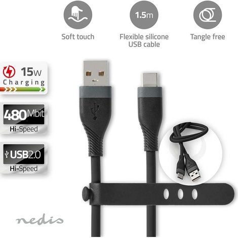 Cable usb usb 20 usb a macho usb c macho 15 w 480mbps niquelado 150 metros redondo silicona negro caja