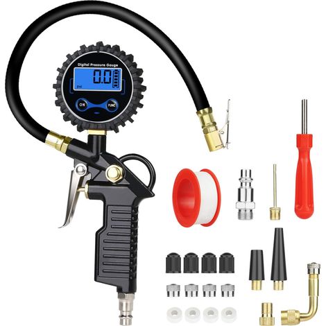 Manomètre Pression Pneu, 220 PSI Gonfleur de Pneu Numérique avec 20 Accessoires, Multifonction 3 en 1 Numérique Manomètre Pression Pneus avec Ecran LCD pour Voiture Camion SUV Moto (1/5)