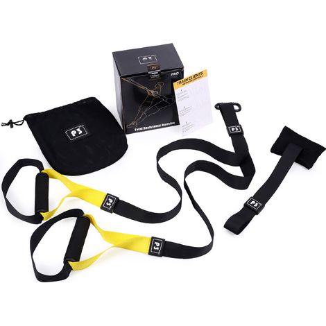 Sangle d'étirement réglable avec boucle élastique, ceinture de fitness pour exercice, entraînement, noir et jaune, P3 Sign (1/5)