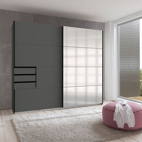 Schwebetürenschrank 2-türig 225cm, graphit mit Spiegelfront, STRATFORD-43 (1/4)