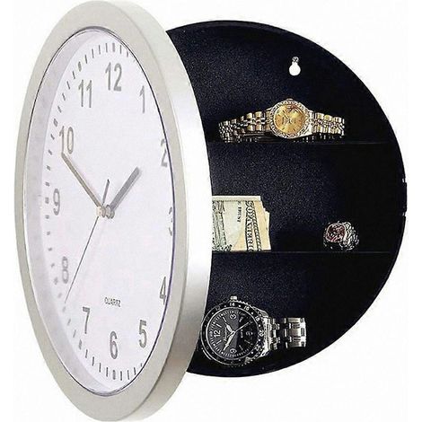 Horloge murale ronde de 25 cm avec boîte de rangement secrète dissimulée, idéale pour ranger argent, bijoux et autres objets.