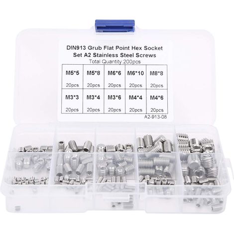 200pcs Vis Sans Tête Hexagonale M3/M4/M5/M6/M8 Ensemble Vis Sans Tête Hexagonale à Six Pans Creux, Kit de Fixations Vis Pointeau en Acier Inoxydable avec Boîte de Rangement (1/5)