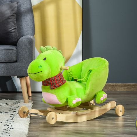 Cheval bascule à avec roues - Cheval à bascule en forme de dragon pour enfants de 18 à 36 mois - en peluche en bois et vert