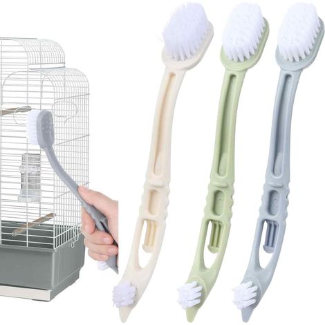 Nettoyeur de cage à oiseaux en 3 pièces avec deux têtes de brosse en plastique et un long manche  outil de nettoyage indispensable pour cage à oiseaux. (1/5)