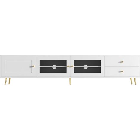 Meuble tv 170 x 40 x 28 cm 2 tiroirs 2 portes vitrées 1 porte de meuble grand rangement étagères réglables poignées en métal (1/5)
