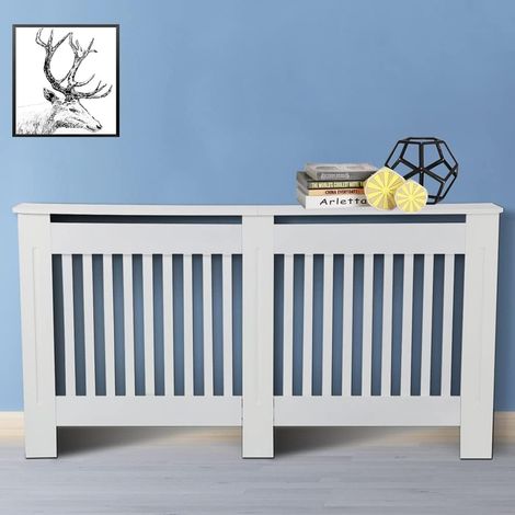 Slatted Radiator Cover White Painted, Wall Shelf Cabinet Heating Covers, Traditional Heater Hide-Out, Freestanding Frame, Vertical Bars Easy Assembly Large: H 82 x W 152 x D 19 Cm (1/5)