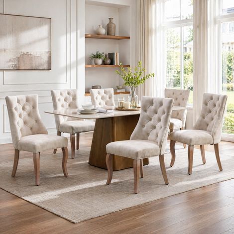 Lot de 6 chaises de salle à manger en velours, dossier haut capitonné, beige clair HAVRYA (1/5)