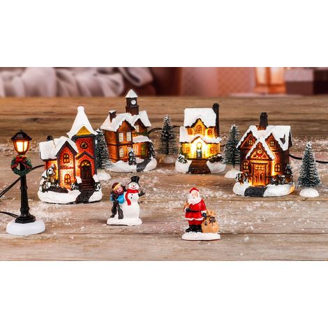Spetebo – Ville de Noël LED – Lot de 11 pièces – 5 LED blanc chaud – 4 maisons, 4 sapins, Père Noël, bonhomme de neige, lanterne
