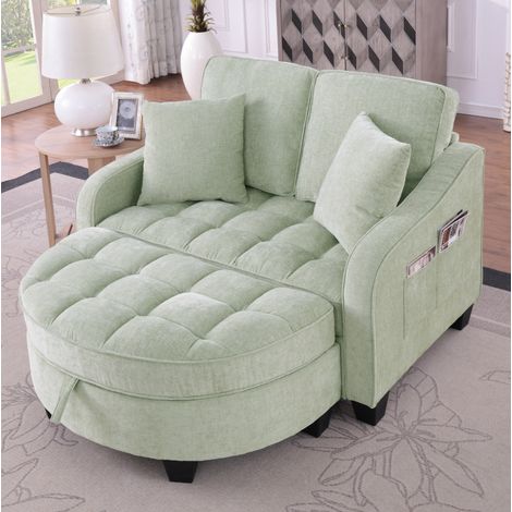 Canapé convertible 132/129/93 cm en eucalyptus turquoise avec pouf de rangement 3-en-1 (1/5)