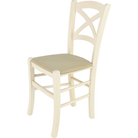 Tommychairs - Chaise CROSS pour cuisine, bar et salle à manger, robuste structure en bois de hêtre peindré en couleur aniline blanche et assise rembourrée et revêtue en tissu couleur chanvre (1/5)