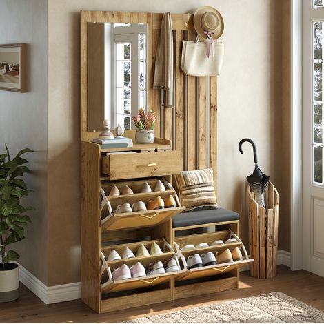 Mueble de entrada con espejo, banco y zapatero de MDF color natural, OKWISH (1/5)