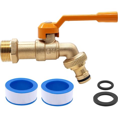 Robinet à boisseau sphérique en laiton de 1,9 cm pour le jardin, pour l'extérieur  Robinet d'extérieur résistant au gel - 20 °C - Résistant à la chaleur - 120 °C - Avec raccords de tuyau (jaune) (1/5)