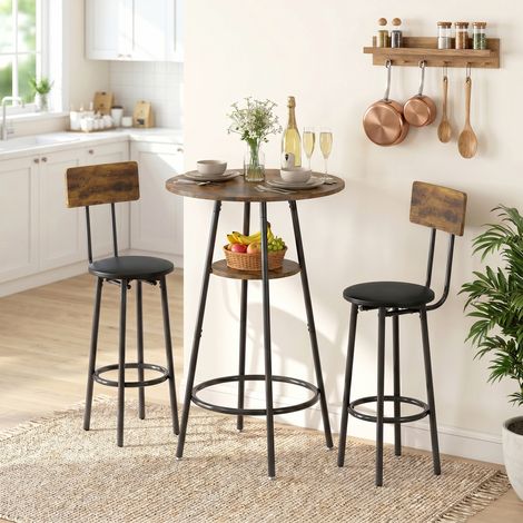 Ensemble table de bar industrielle avec 2 tabourets rembourrés, repose-pieds, cadre métallique, table de cuisine avec rangement, Marron rustique (1/5)