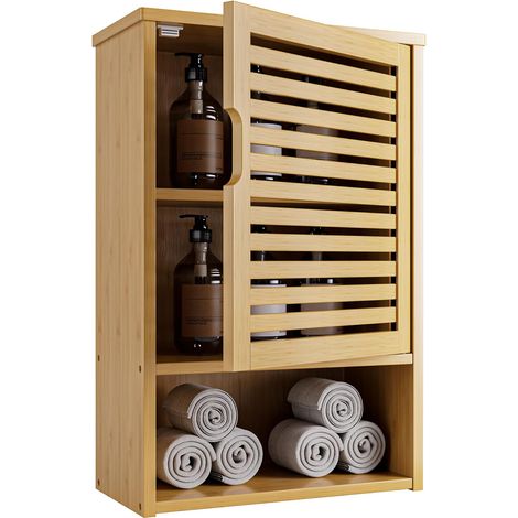 NOLUXA Armoire Murale de Salle de Bain, Armoire à Pharmacie en Bambou avec Porte Simple et étagère réglable, Rangement Suspendu au-Dessus des Toilettes pour la Salle de Bain, Le Salon, Naturel (1/5)