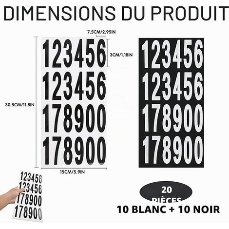 Numéros Adhésifs Réfléchissants de 7,6 cm Pour Boîte Aux Lettres, Numéros d'Adresse, Autocollants pour Poubelles, Panneaux, Voitures et Camions, Blanc + Noir (1/4)