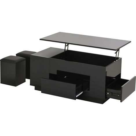 Table basse 4-en-1 1005045 cm à plateau relevable avec LED, table basse avec 2 tiroirs, table brillante avec canapé et 2 tabourets, table d’appoint avec rangement dissimulé, capacité de charge jusqu’à (1/5)